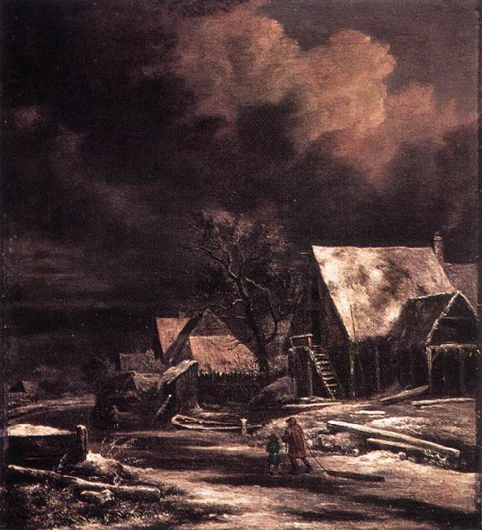 Jacob van Ruisdael Village at Winter at Moonlight Norge oil painting art
